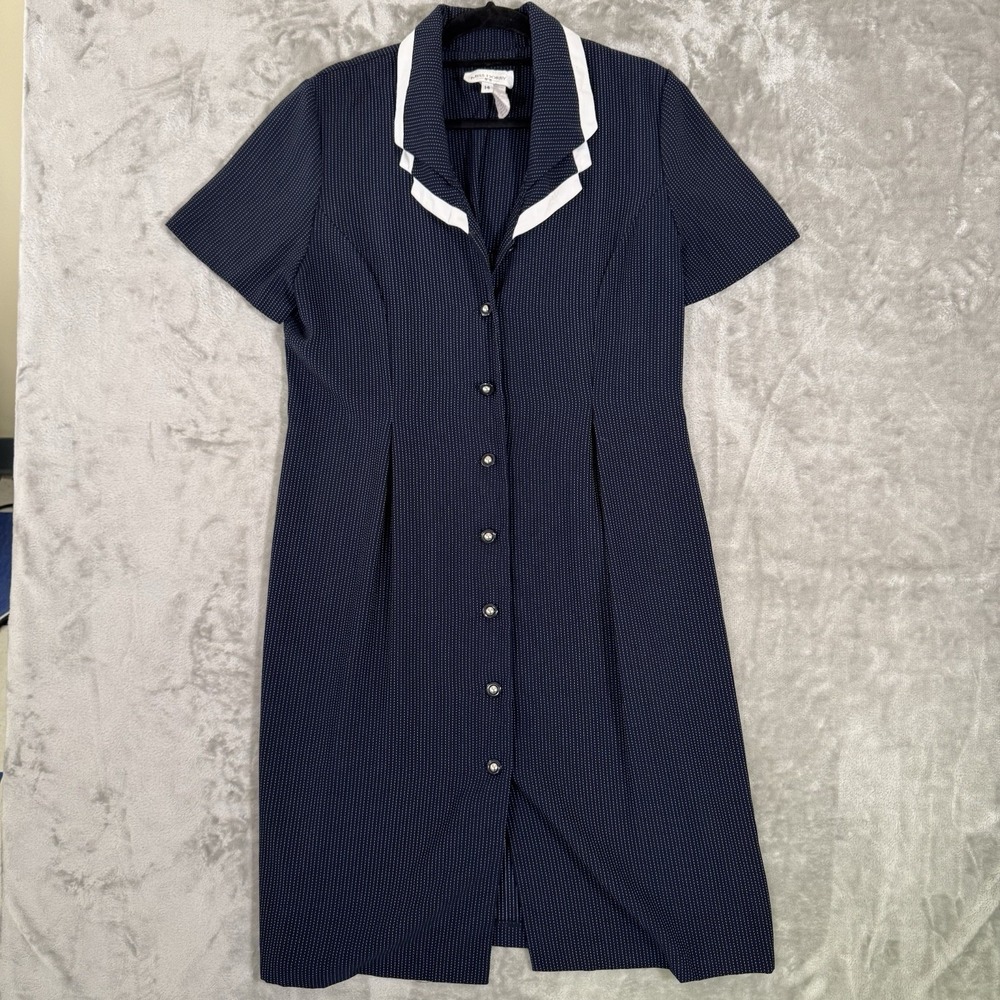 VTG Miss Dorby Dress Womens 14 Navy Blue‎ Button Front Midi